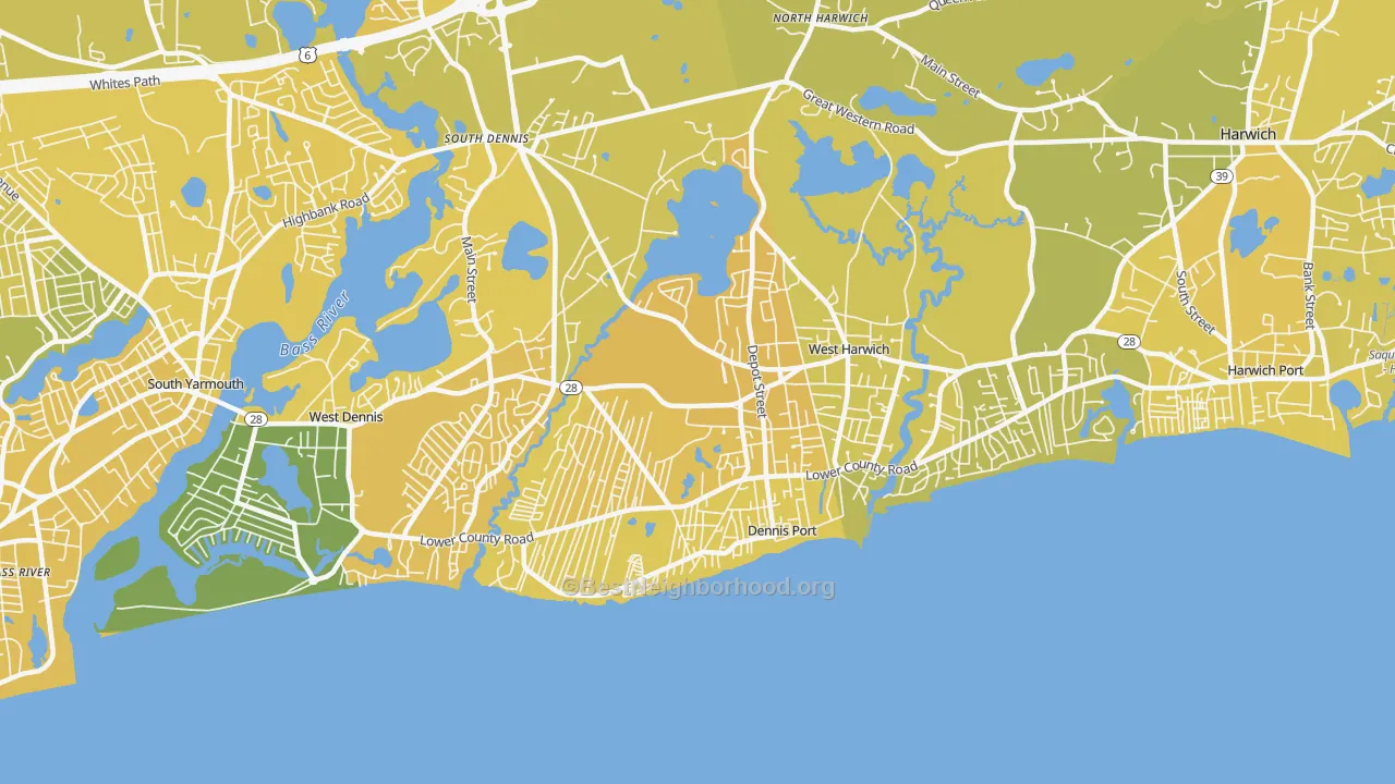 Map of the best neighborhoods in the Dennis Port area, with better matches in green and worse matches in red