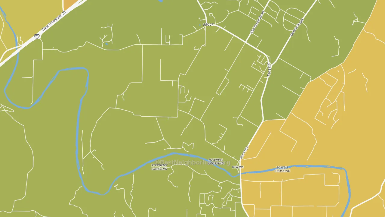 Map of the best neighborhoods in the Dennis area, with better matches in green and worse matches in red