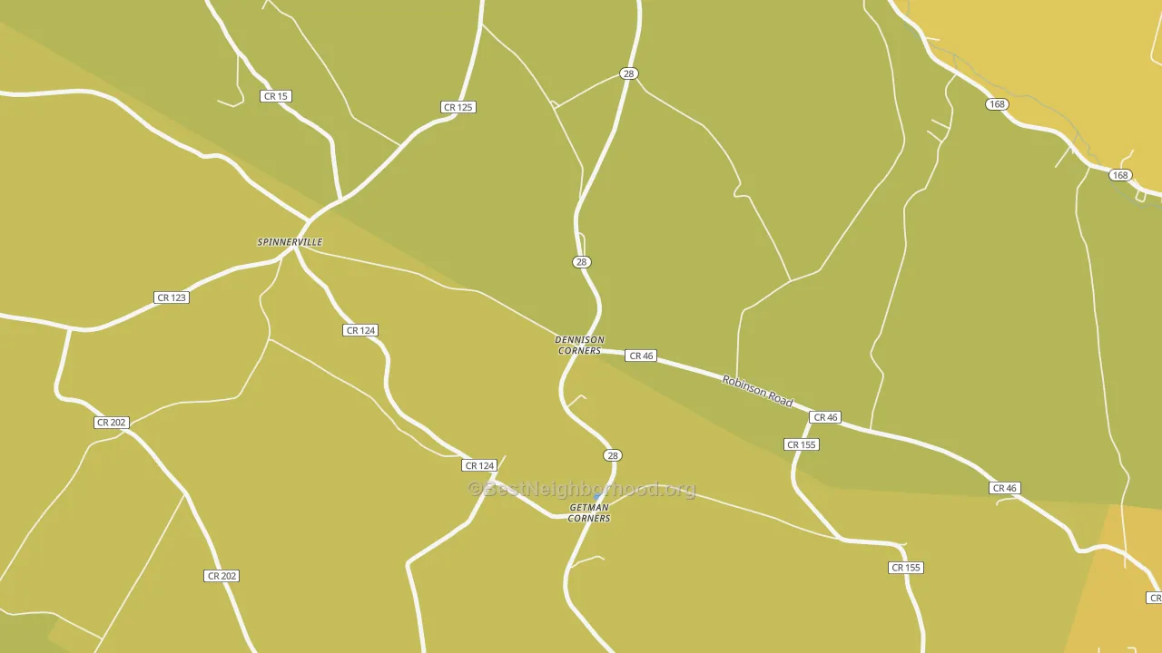 Map of the best neighborhoods in the Dennison Corners area, with better matches in green and worse matches in red