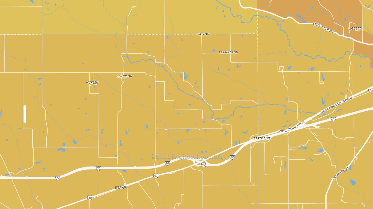 Map of the best neighborhoods in the Dennison area, with better matches in green and worse matches in red