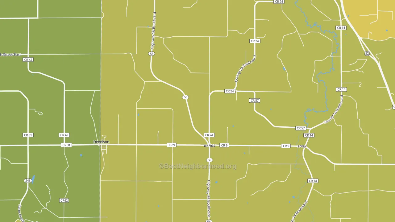 Map of the best neighborhoods in the Dennison area, with better matches in green and worse matches in red