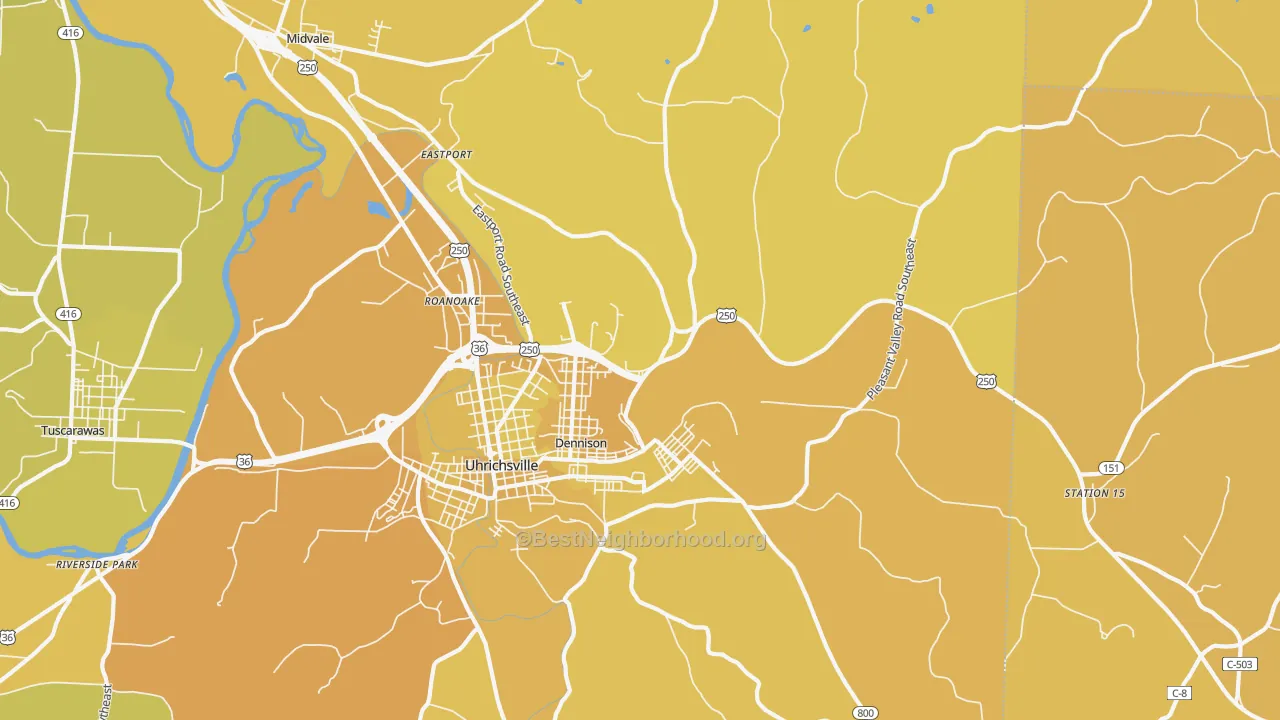 Map of the best neighborhoods in the Dennison area, with better matches in green and worse matches in red