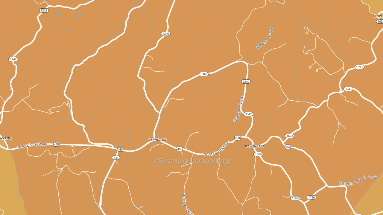 Map of the best neighborhoods in the Denniston area, with better matches in green and worse matches in red