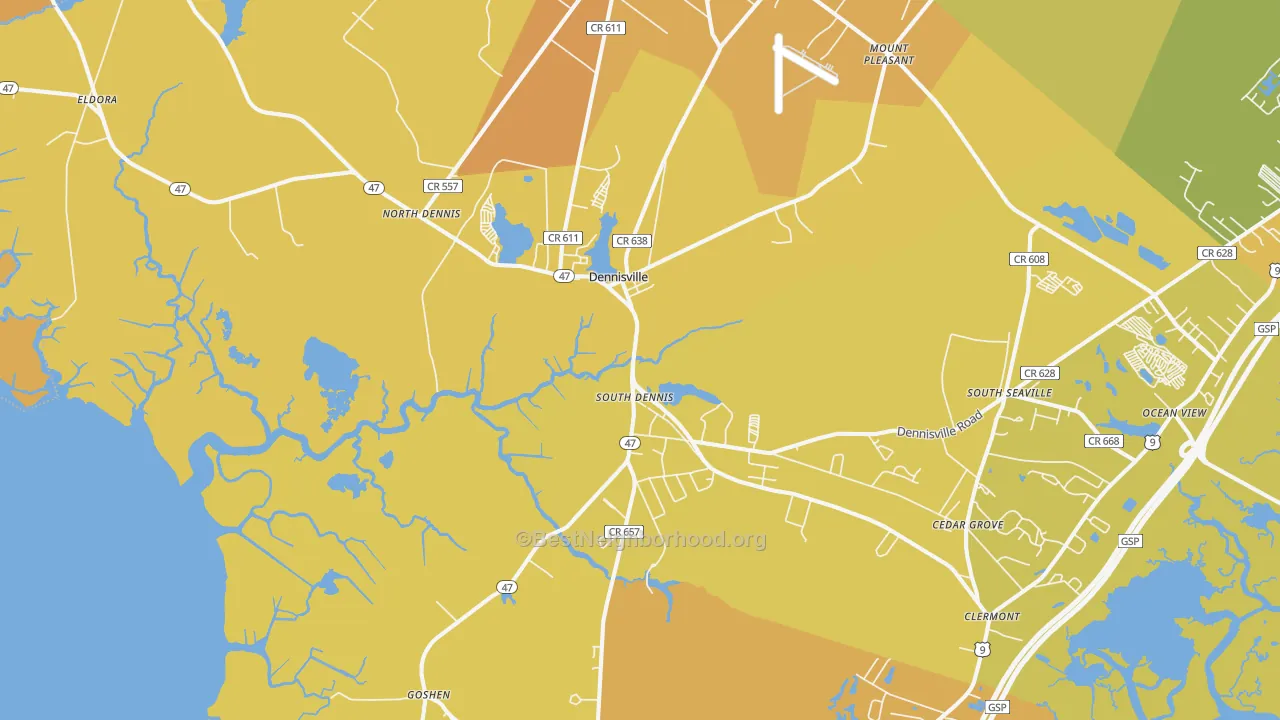 Map of the best neighborhoods in the Dennisville area, with better matches in green and worse matches in red