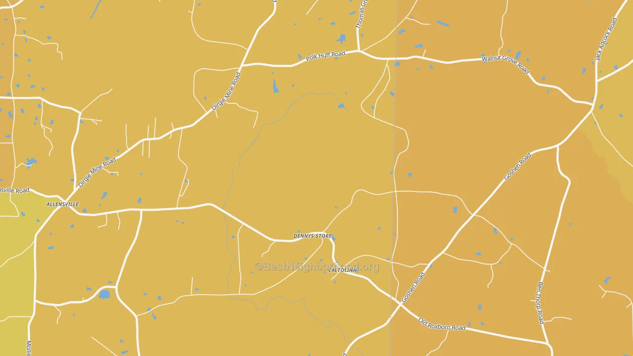 Map of the best neighborhoods in the Denny Store area, with better matches in green and worse matches in red