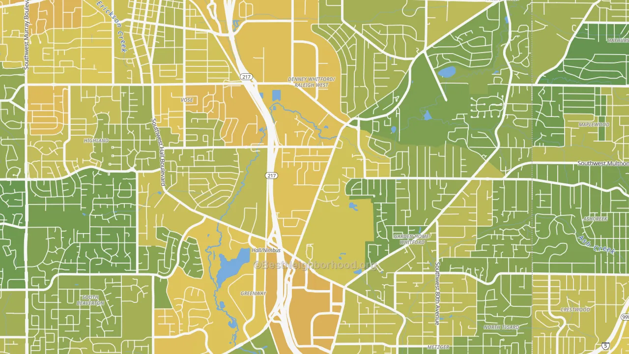 Map of the best neighborhoods in the Denny Whitford, Beaverton area, with better matches in green and worse matches in red