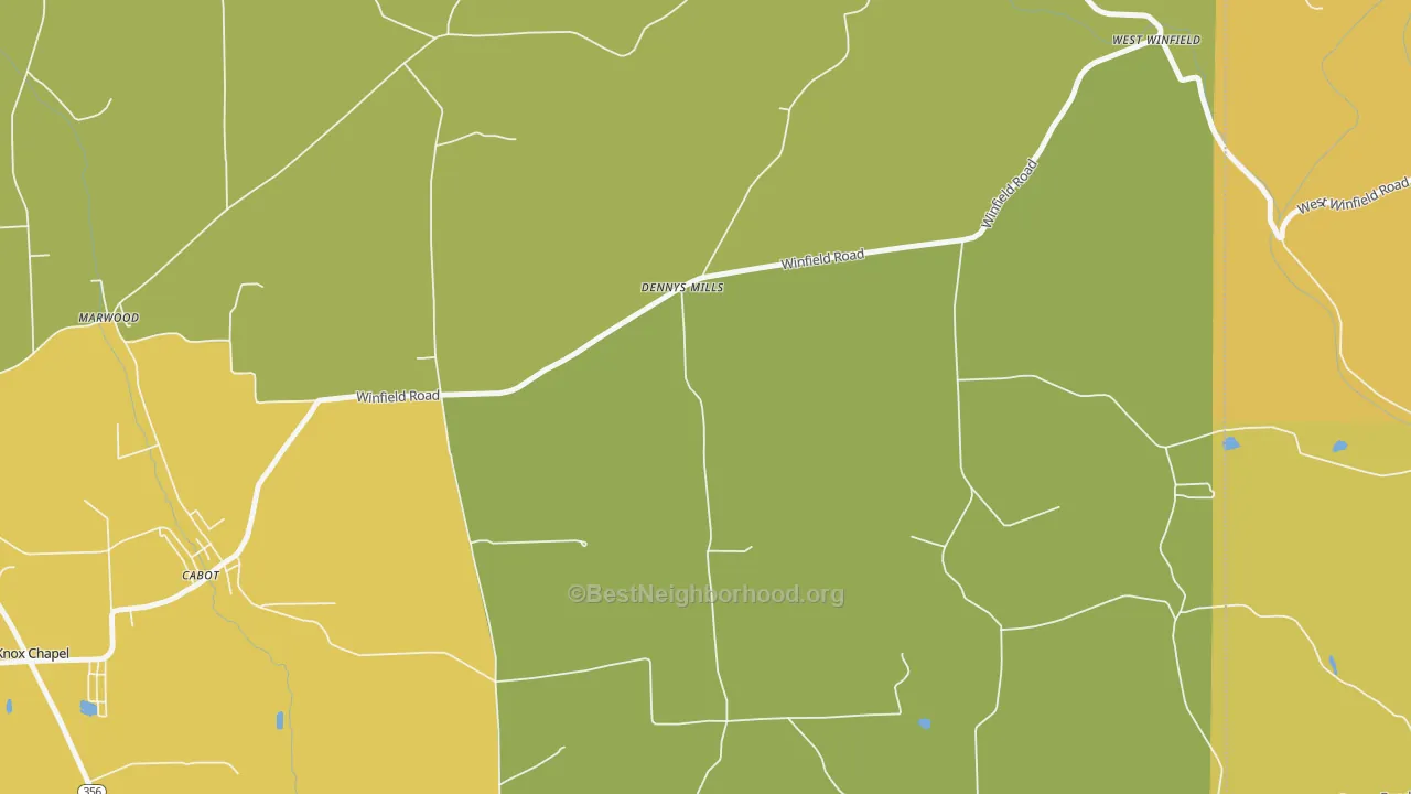Map of the best neighborhoods in the Dennys Mill area, with better matches in green and worse matches in red