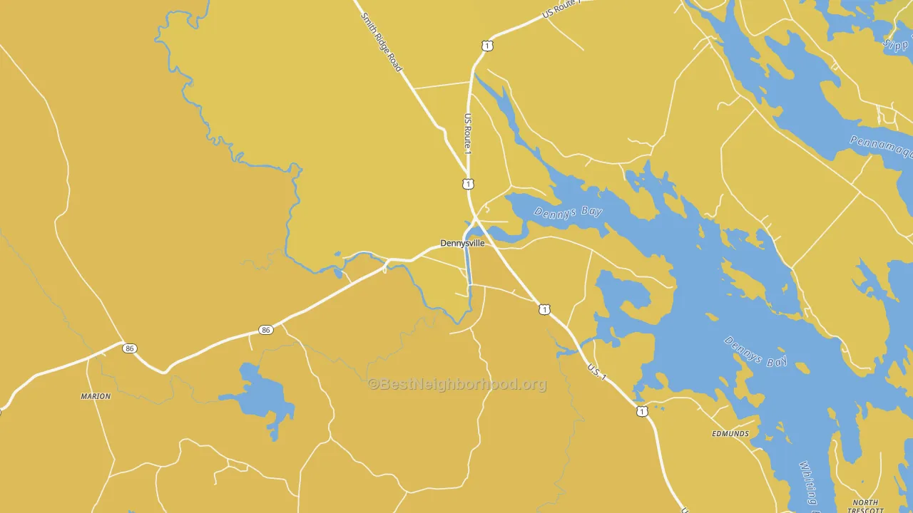 Map of the best neighborhoods in the Dennysville area, with better matches in green and worse matches in red
