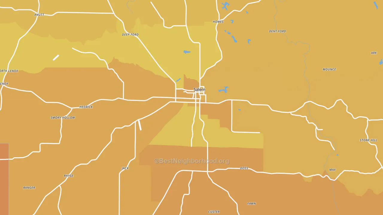 Map of the best neighborhoods in the Dent County area, with better matches in green and worse matches in red