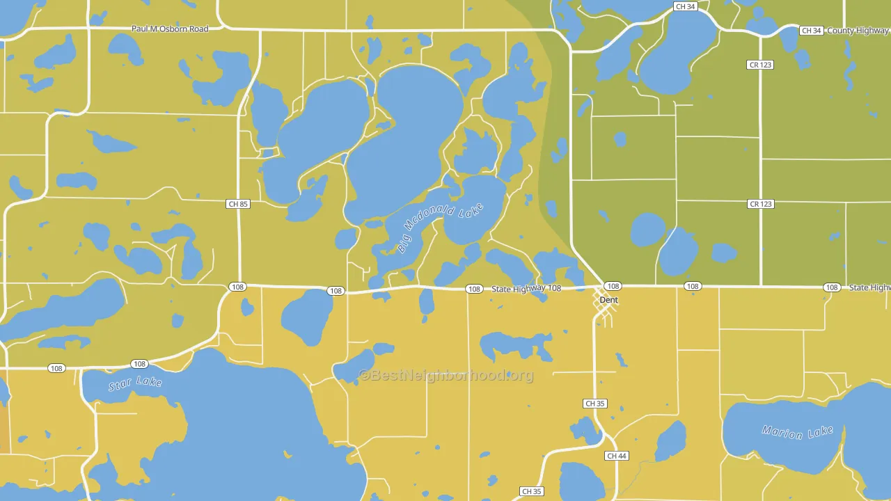 Map of the best neighborhoods in the Dent area, with better matches in green and worse matches in red