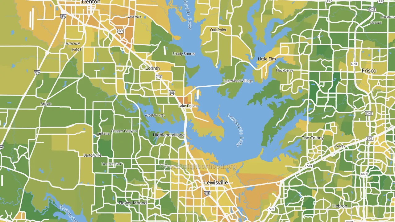 Map of the best neighborhoods in the Denton County area, with better matches in green and worse matches in red