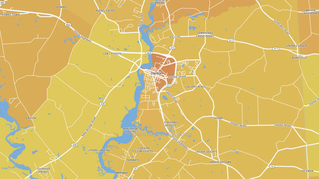 Map of the best neighborhoods in the Denton area, with better matches in green and worse matches in red