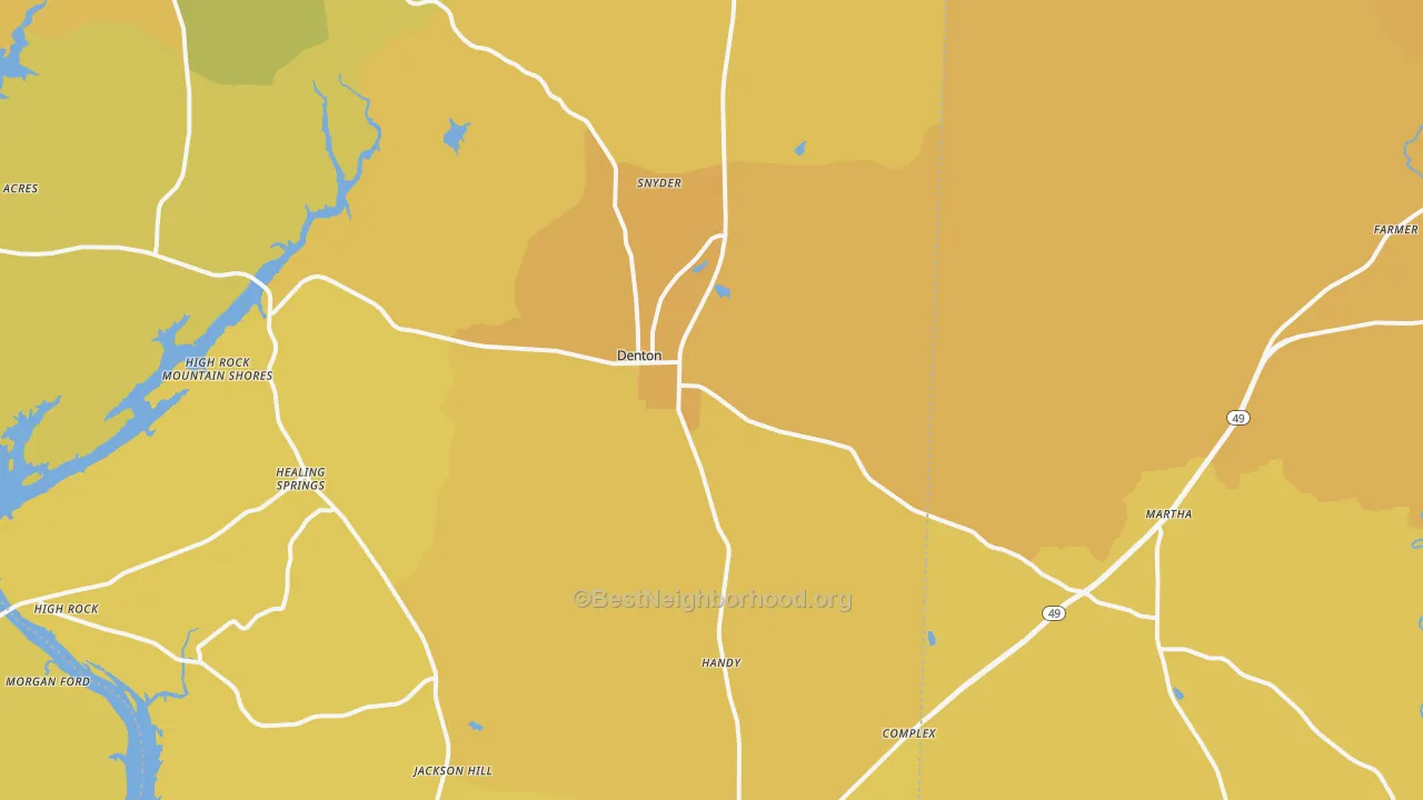 Map of the best neighborhoods in the Denton area, with better matches in green and worse matches in red