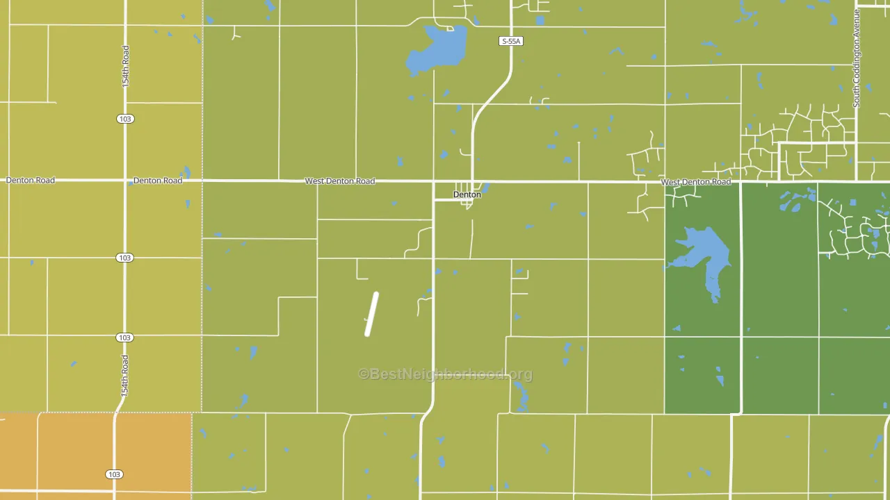 Map of the best neighborhoods in the Denton area, with better matches in green and worse matches in red
