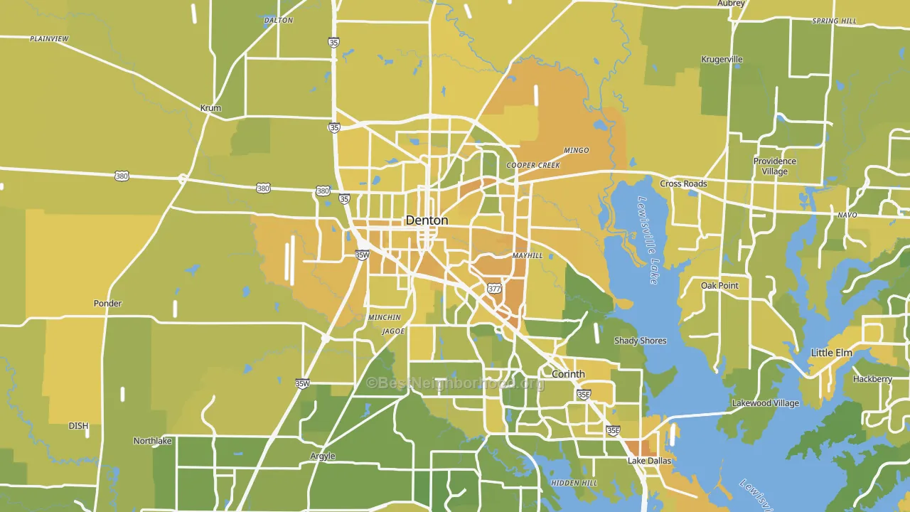 Map of the best neighborhoods in the Denton area, with better matches in green and worse matches in red