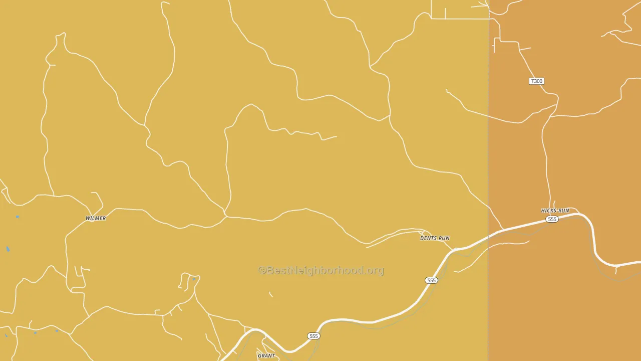 Map of the best neighborhoods in the Dents Run area, with better matches in green and worse matches in red