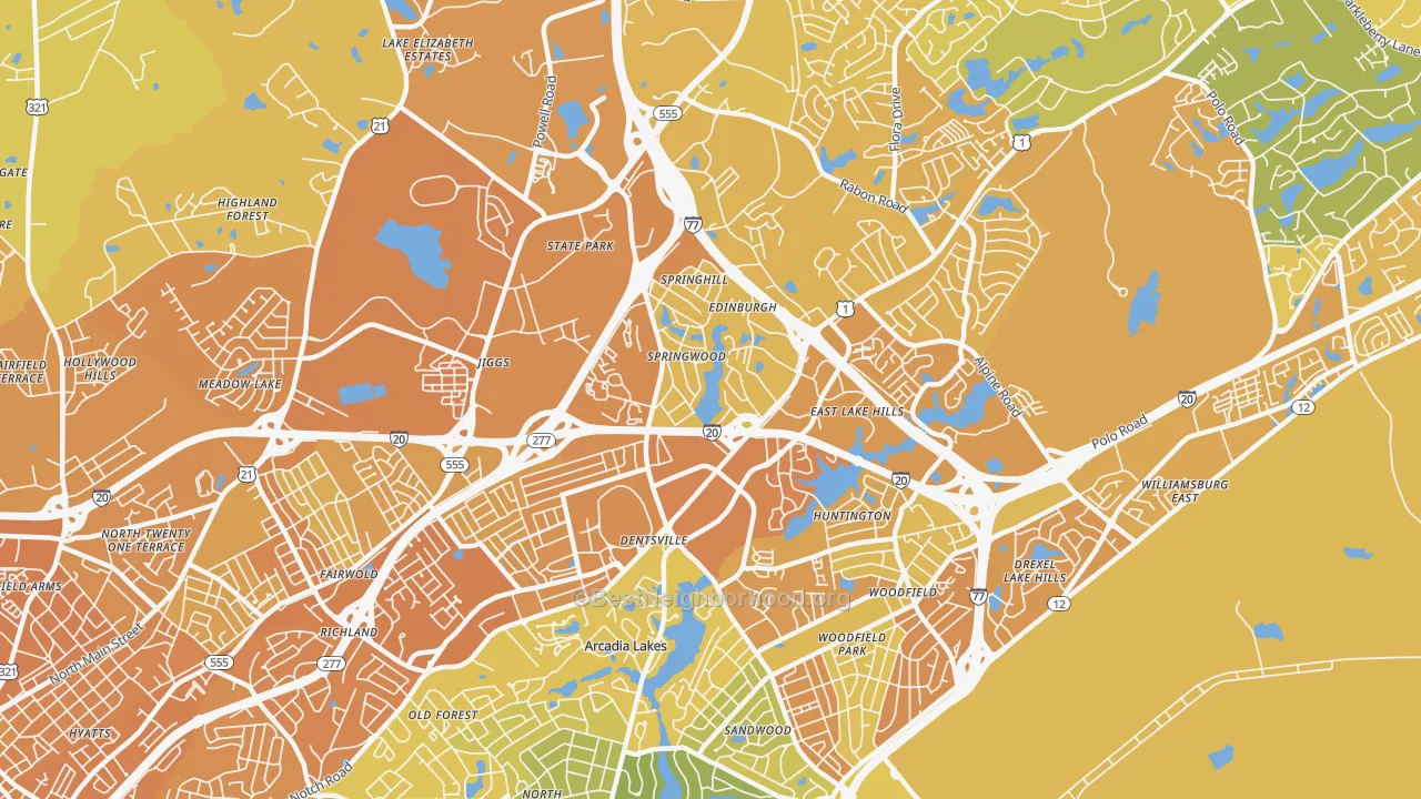 Map of the best neighborhoods in the Dentsville area, with better matches in green and worse matches in red