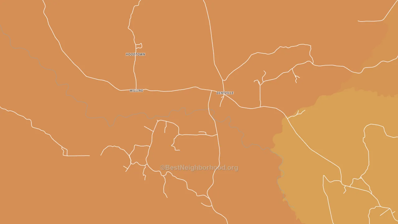 Map of the best neighborhoods in the Dentville area, with better matches in green and worse matches in red