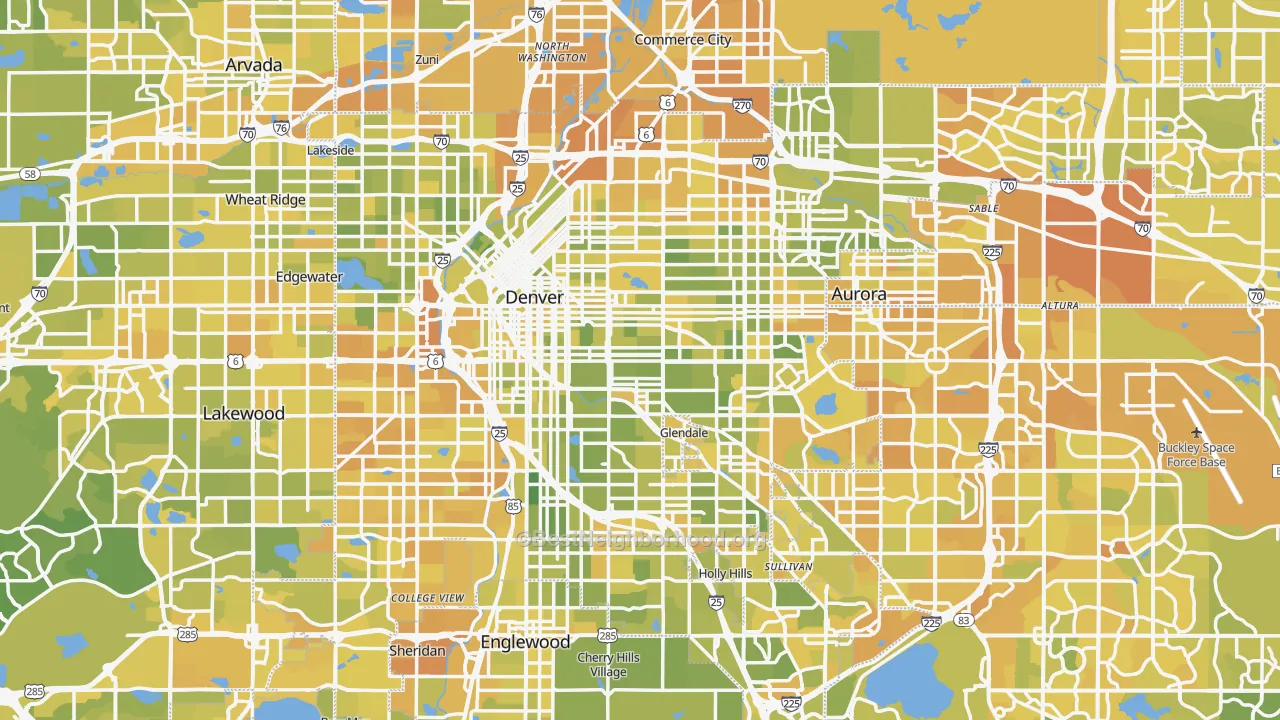 Map of the best neighborhoods in the Denver Metro area, with better matches in green and worse matches in red