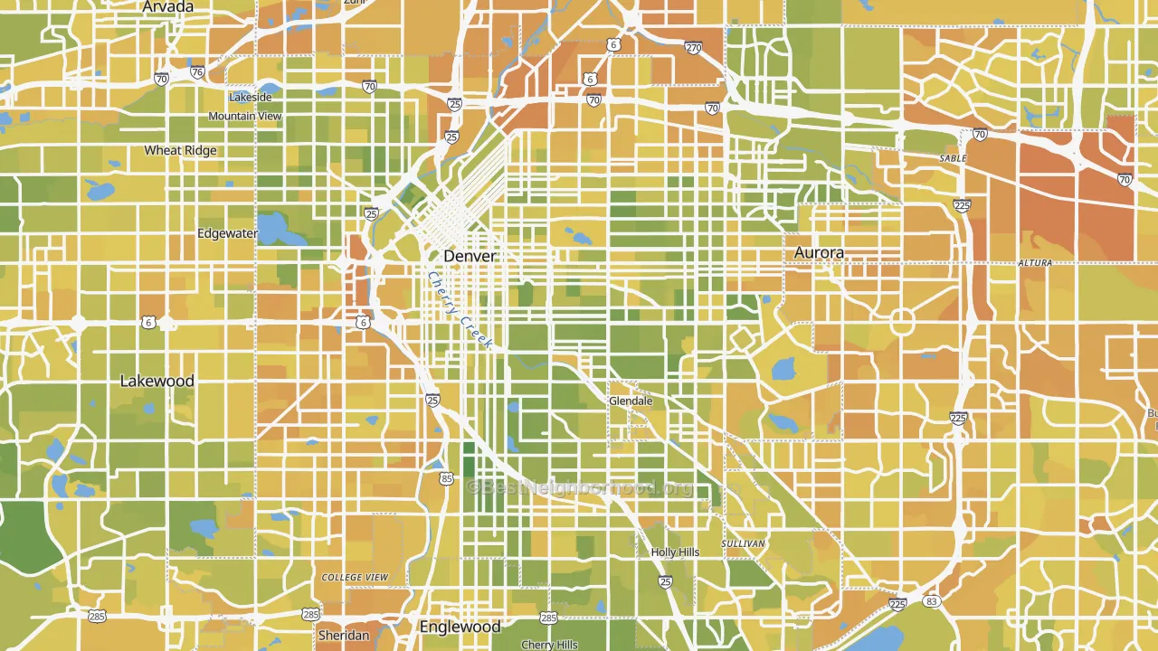 Map of the best neighborhoods in the Denver County area, with better matches in green and worse matches in red