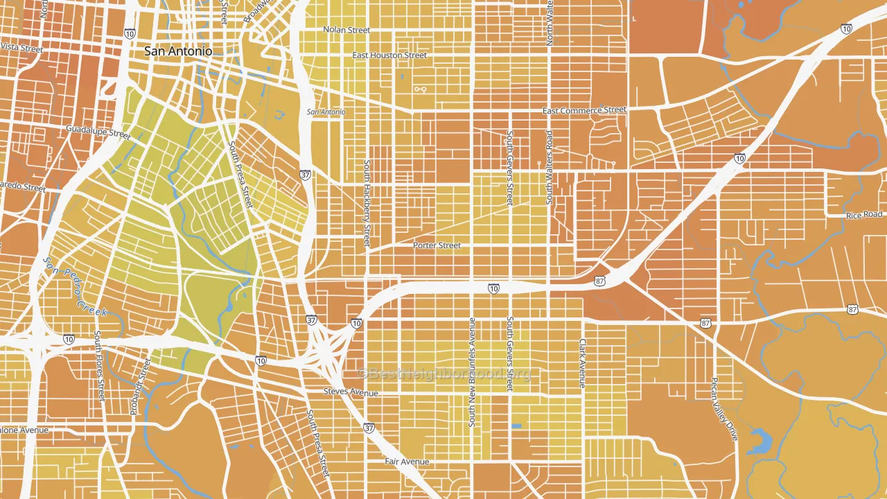 Map of the best neighborhoods in the Denver Heights, San Antonio area, with better matches in green and worse matches in red