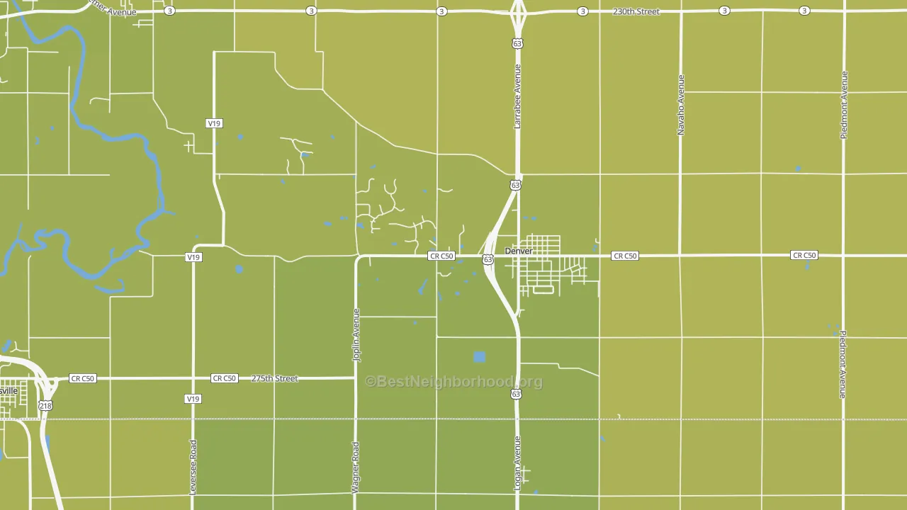 Map of the best neighborhoods in the Denver area, with better matches in green and worse matches in red