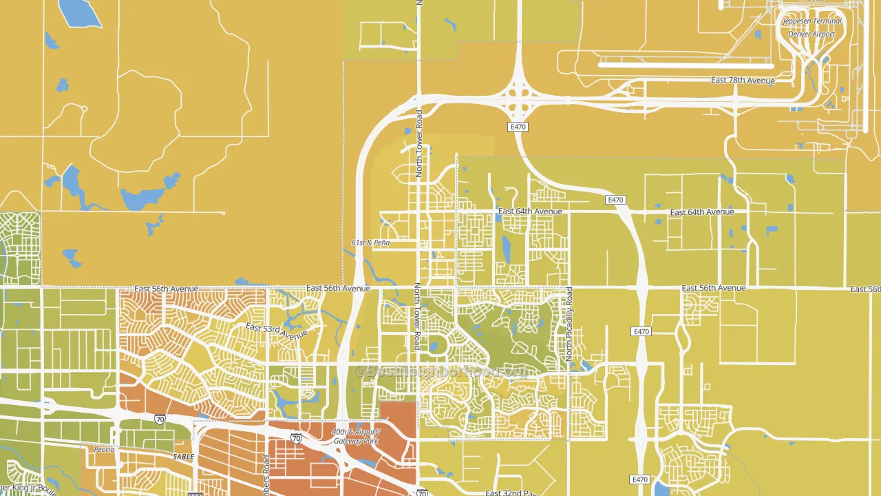 Map of the best neighborhoods in the Denver International Airport, Denver area, with better matches in green and worse matches in red
