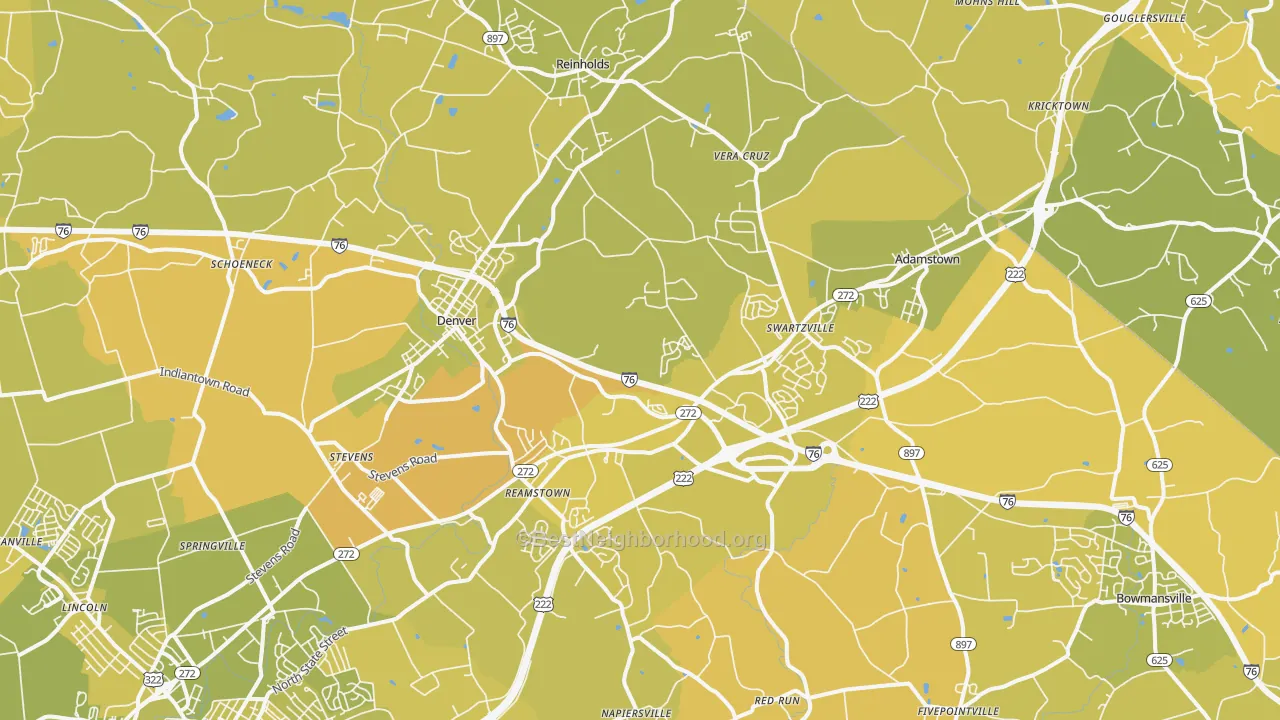 Map of the best neighborhoods in the Denver area, with better matches in green and worse matches in red