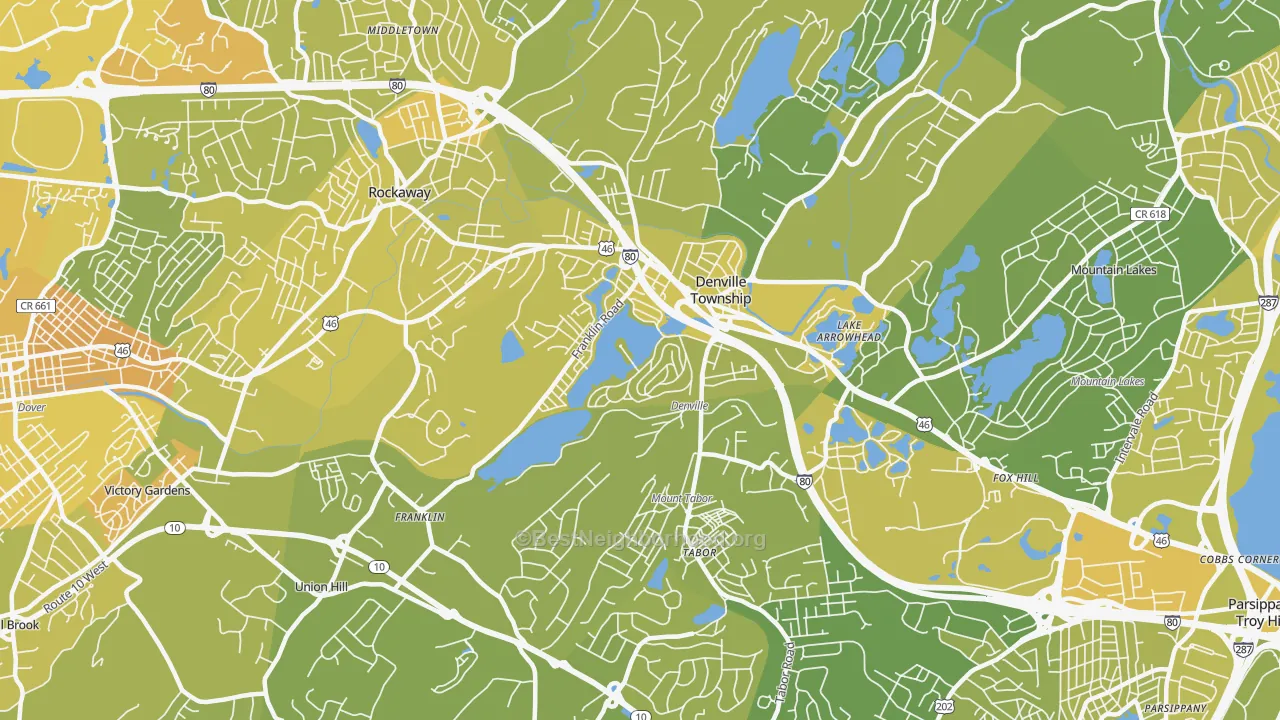 Map of the best neighborhoods in the Denville area, with better matches in green and worse matches in red