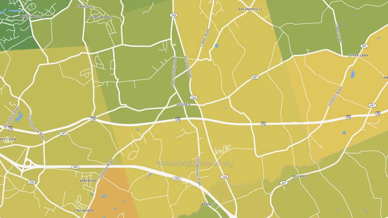 Map of the best neighborhoods in the Deodate area, with better matches in green and worse matches in red