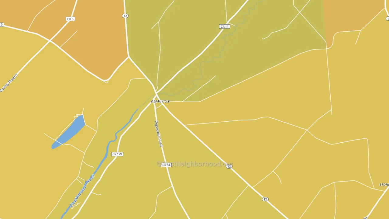 Map of the best neighborhoods in the Depauville area, with better matches in green and worse matches in red