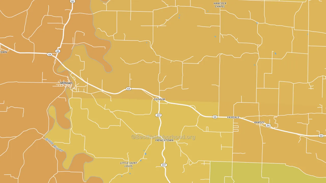 Map of the best neighborhoods in the Depauw area, with better matches in green and worse matches in red