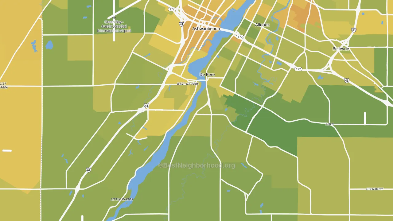 Map of the best neighborhoods in the DePere area, with better matches in green and worse matches in red