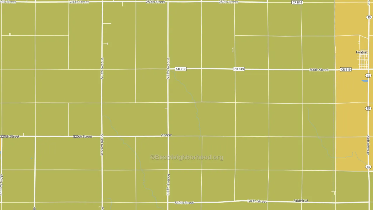 Map of the best neighborhoods in the DePew area, with better matches in green and worse matches in red