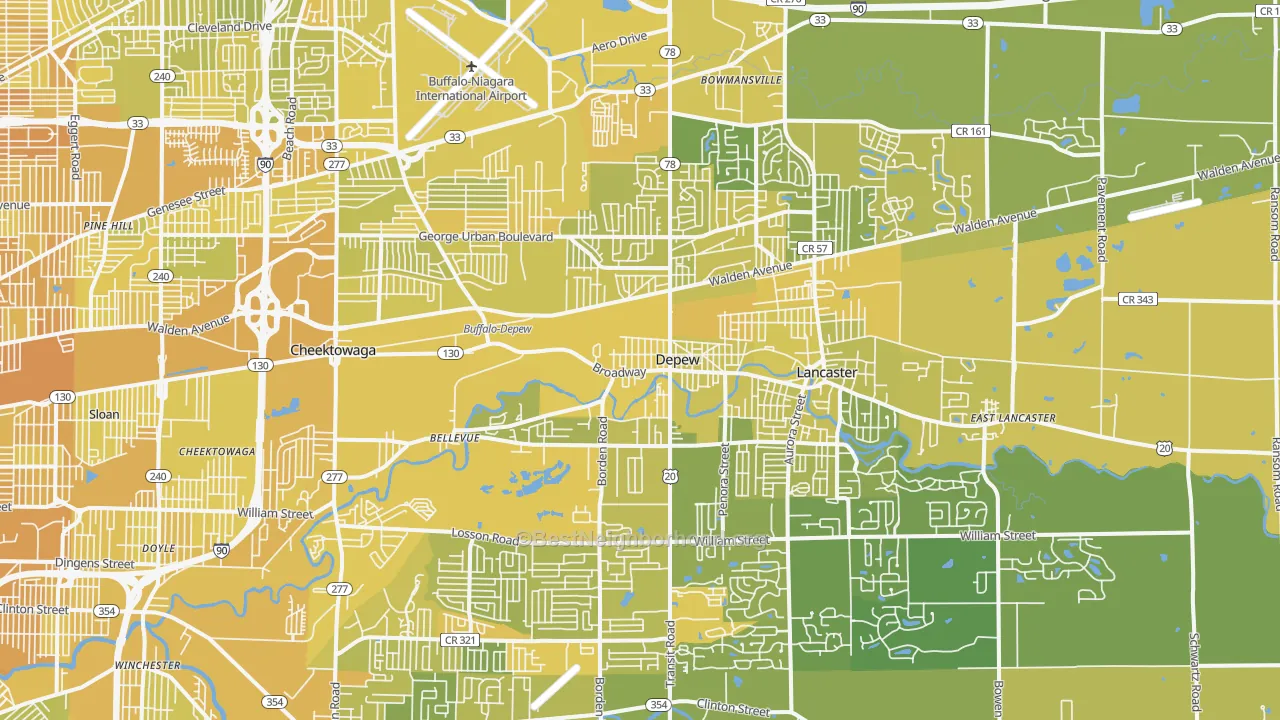 Map of the best neighborhoods in the DePew area, with better matches in green and worse matches in red