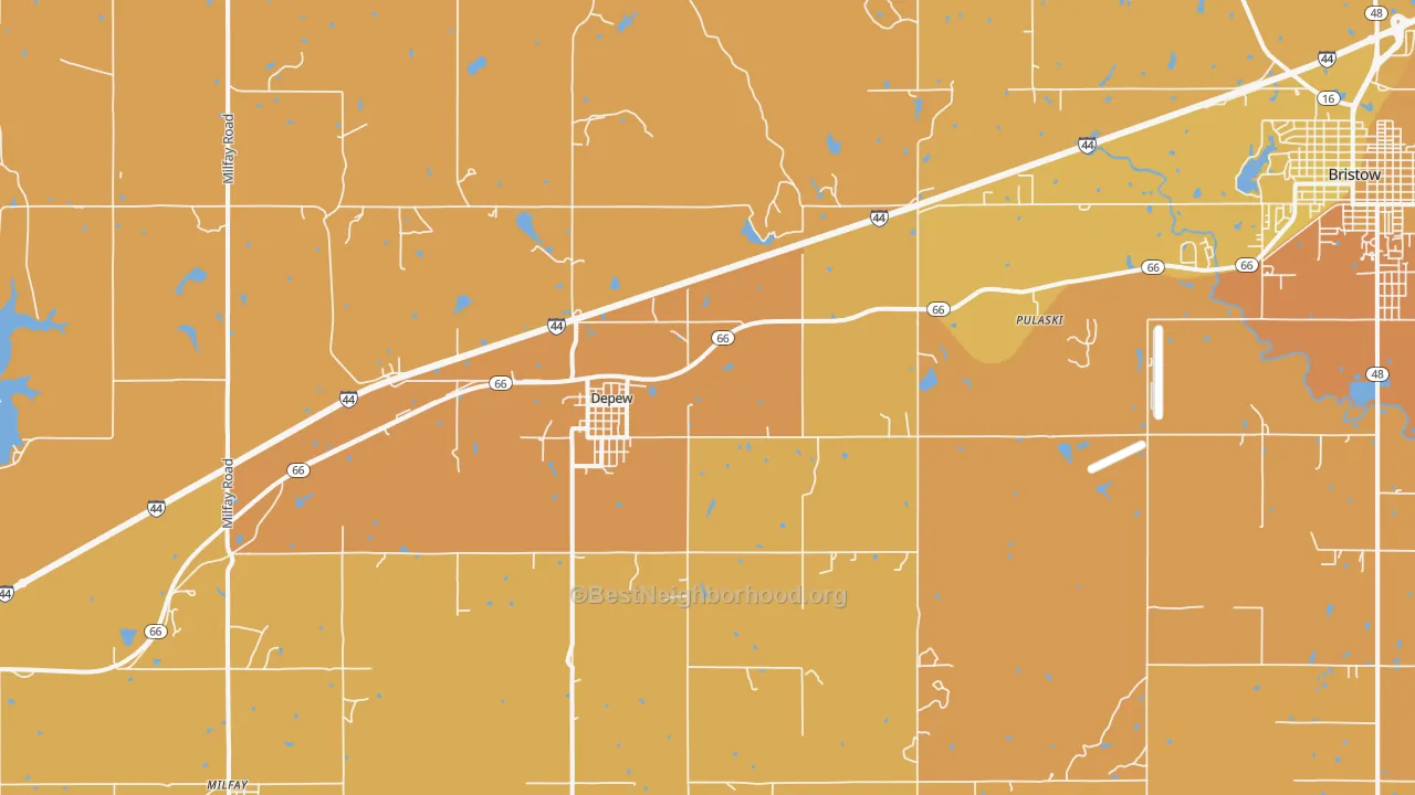 Map of the best neighborhoods in the DePew area, with better matches in green and worse matches in red