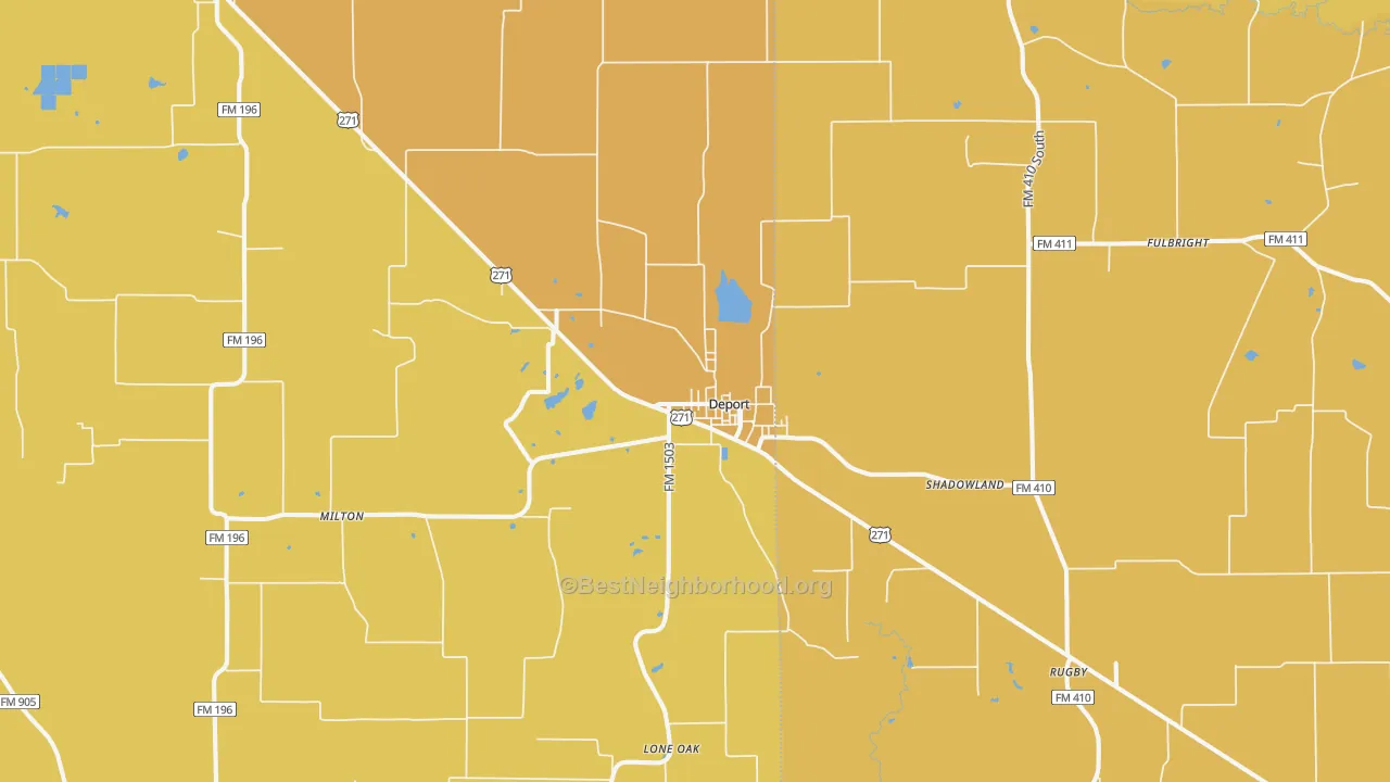 Map of the best neighborhoods in the Deport area, with better matches in green and worse matches in red