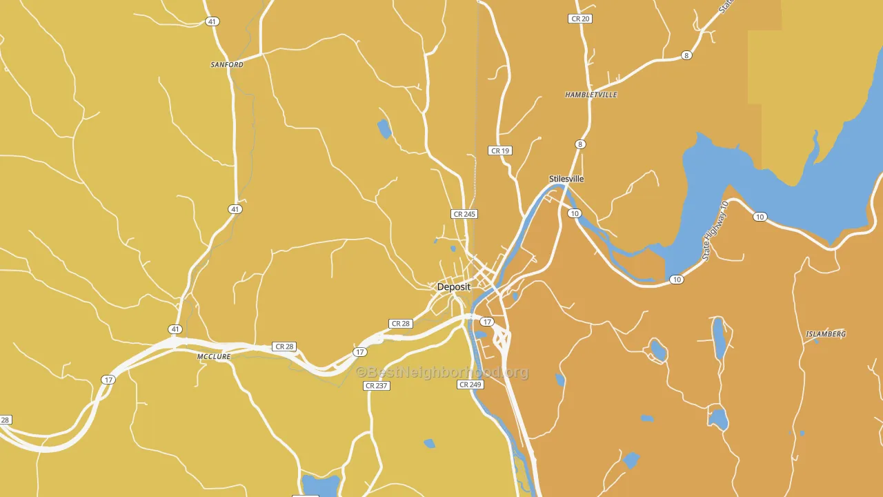 Map of the best neighborhoods in the Deposit area, with better matches in green and worse matches in red