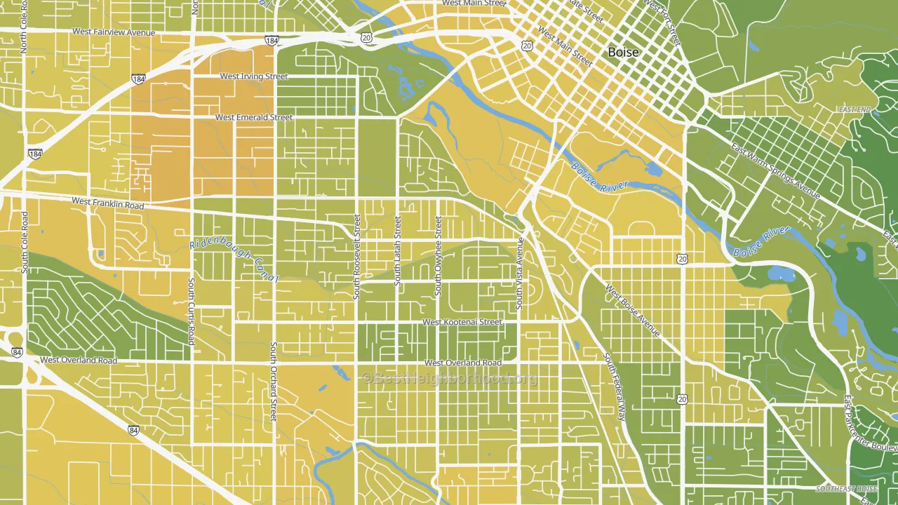 Map of the best neighborhoods in the Depot Bench, Boise area, with better matches in green and worse matches in red