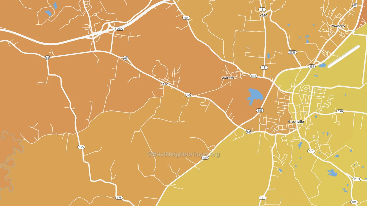 Map of the best neighborhoods in the Depoy area, with better matches in green and worse matches in red