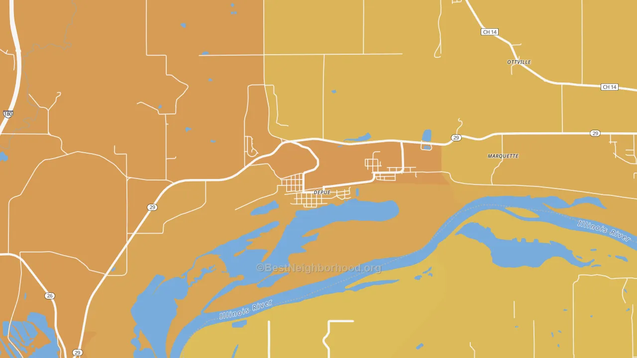 Map of the best neighborhoods in the DePue area, with better matches in green and worse matches in red