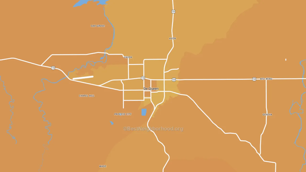 Map of the best neighborhoods in the DeQueen area, with better matches in green and worse matches in red
