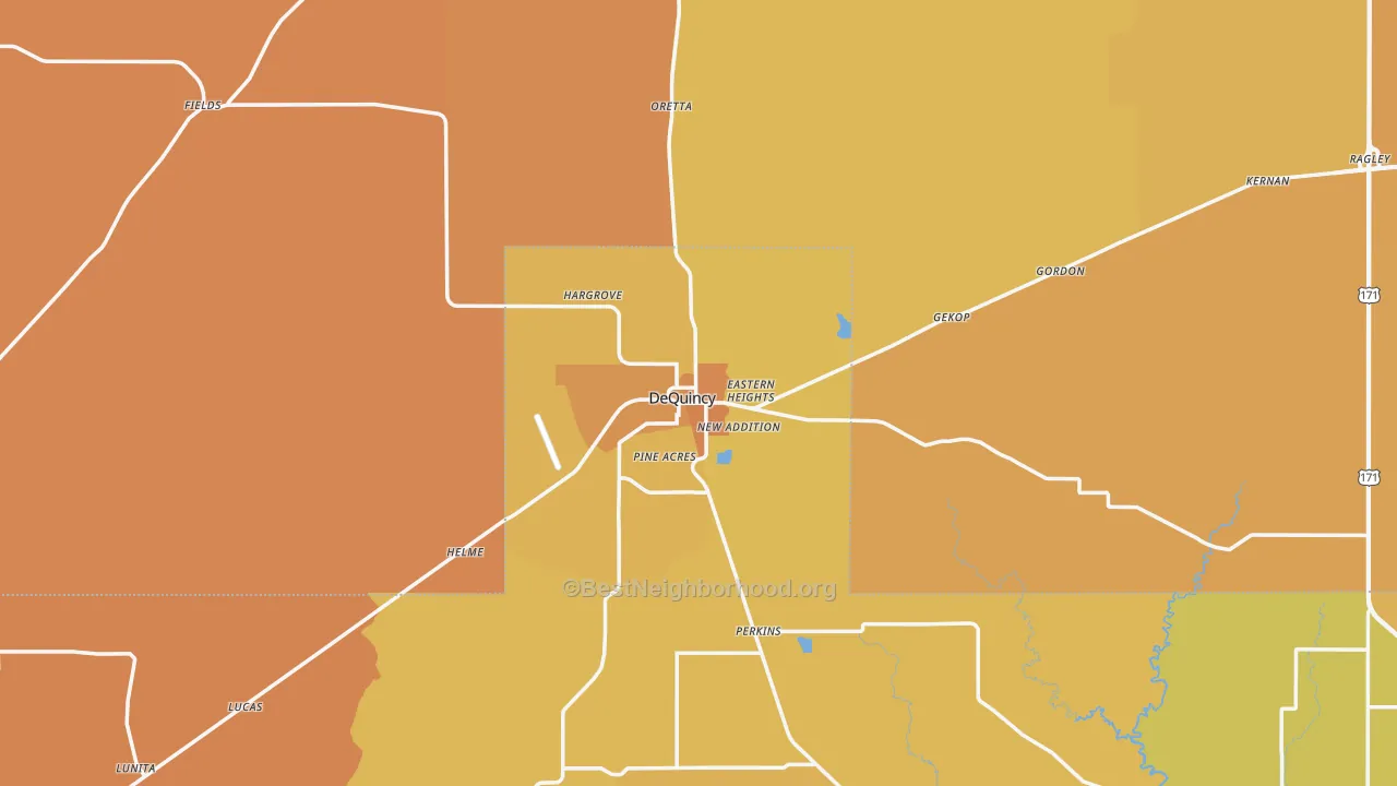 Map of the best neighborhoods in the Dequincy area, with better matches in green and worse matches in red
