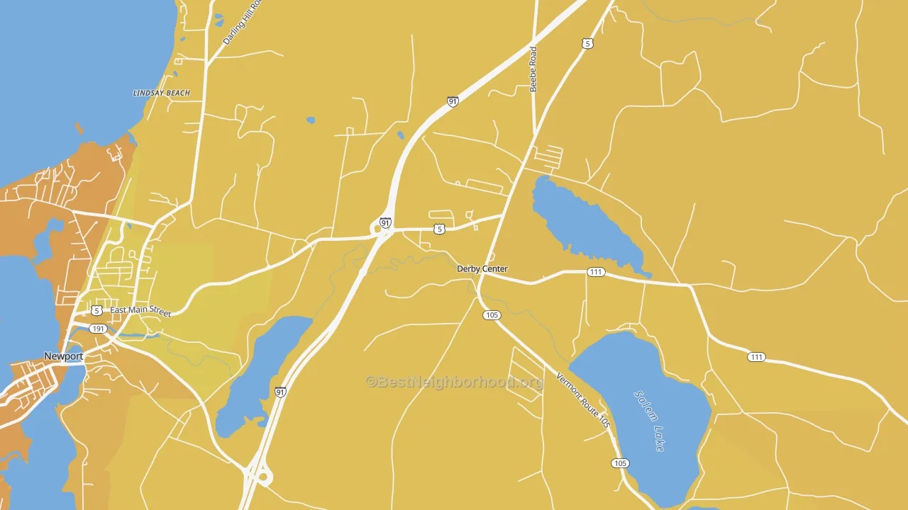 Map of the best neighborhoods in the Derby Center area, with better matches in green and worse matches in red