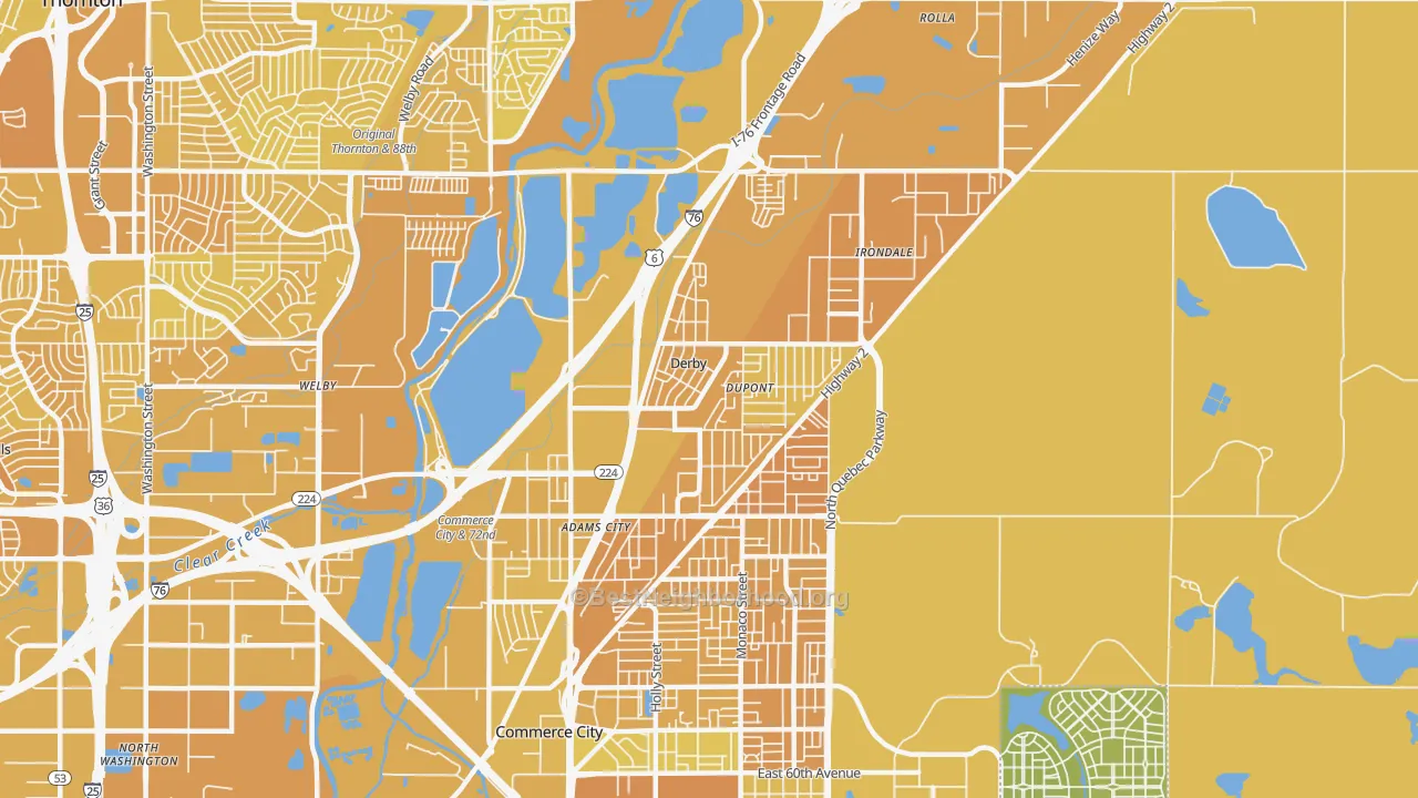 Map of the best neighborhoods in the Derby area, with better matches in green and worse matches in red