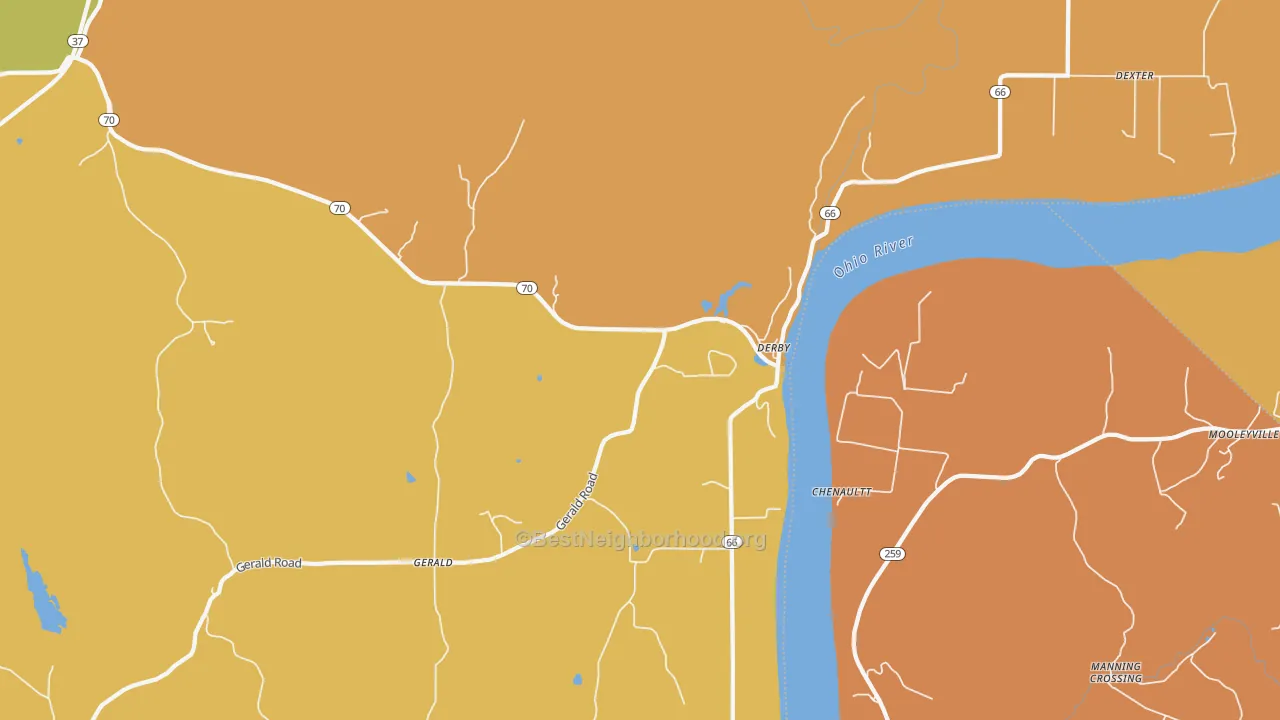 Map of the best neighborhoods in the Derby area, with better matches in green and worse matches in red