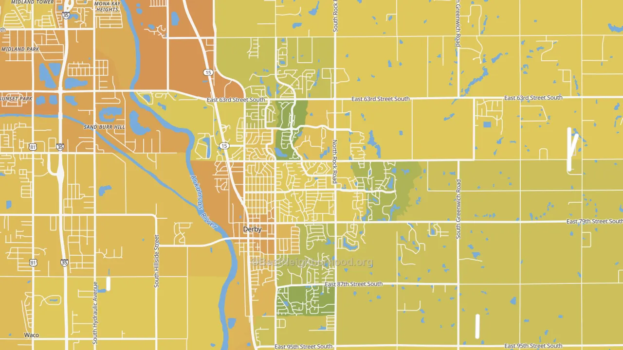 Map of the best neighborhoods in the Derby area, with better matches in green and worse matches in red