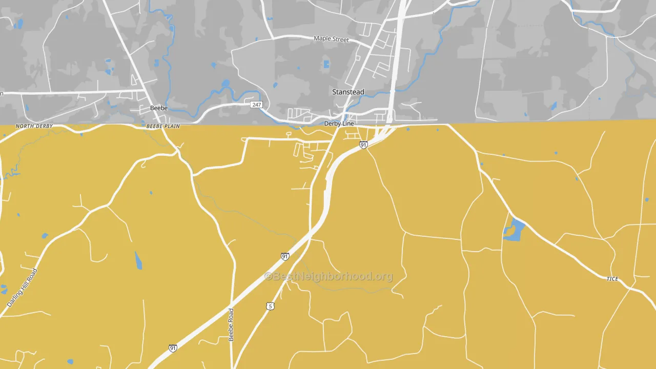 Map of the best neighborhoods in the Derby Line area, with better matches in green and worse matches in red