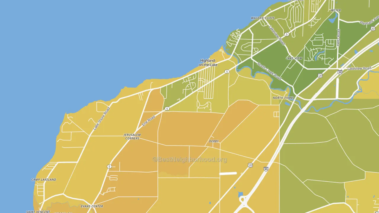 Map of the best neighborhoods in the Derby area, with better matches in green and worse matches in red