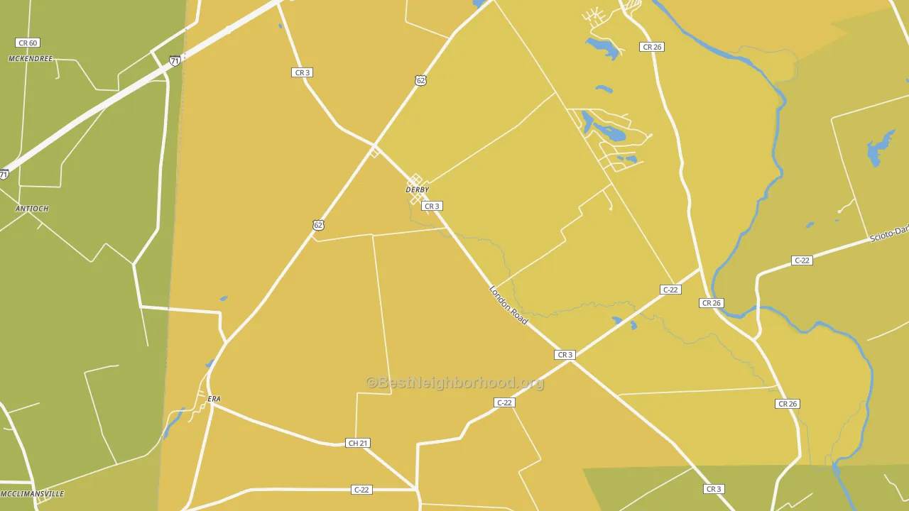 Map of the best neighborhoods in the Derby area, with better matches in green and worse matches in red